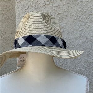 LOFT Gingham Bow Straw Fedora Size S/M